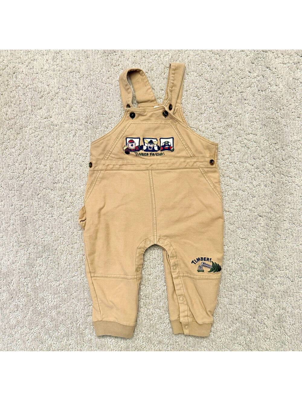 Healthtex Twill Cotton Overall One-Piece 12-18M Beige Bear Embroidered Pockets